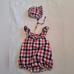 Tommy Bahama girls 18 months checked bubble romper and hat, EUC